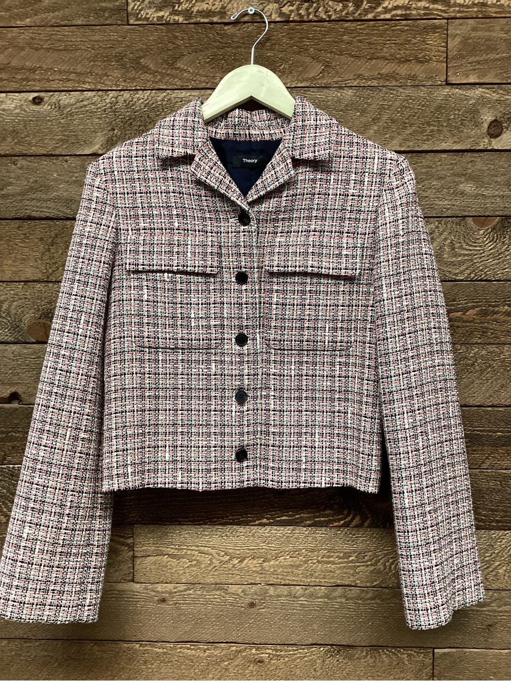 Theory Pink & White Tweed Cropped Blazer
